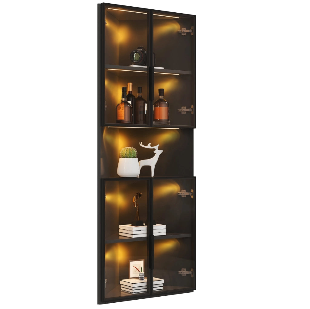 Vetrina angolare triangolare nera 62×32×160 cm con LED