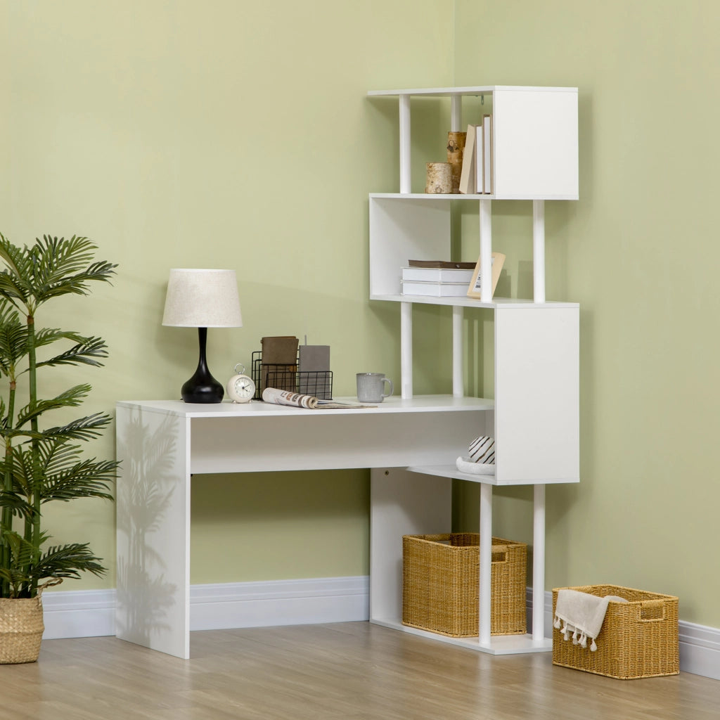 Scrivania Angolare Moderna in Truciolato per Ufficio e Studio con Ripiano a 4 Livelli, 120x80x176 cm, Bianco