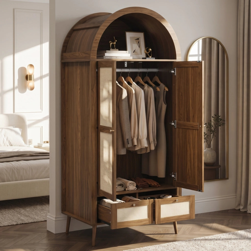 Armadio ULEVR 180 cm con 2 ante, 2 cassetti, barra appendiabiti e vano aperto, effetto noce e rattan beige