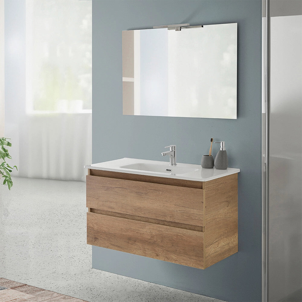Mobile bagno sospeso 90 cm rovere naturale completo con lavabo Nadia