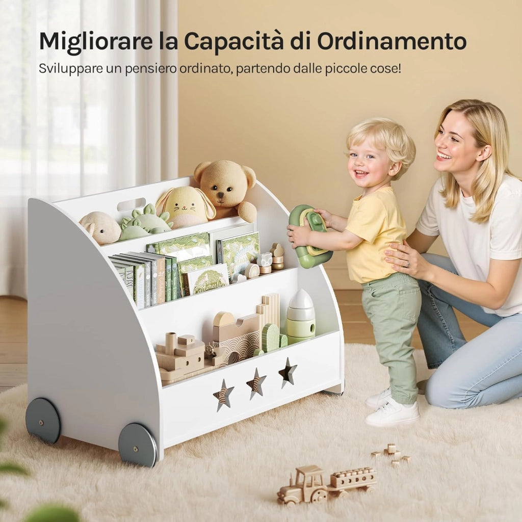 Libreria per bambini in legno, scaffale per giocattoli a 3 livelli, organizza libri con ruote cameretta, bianco