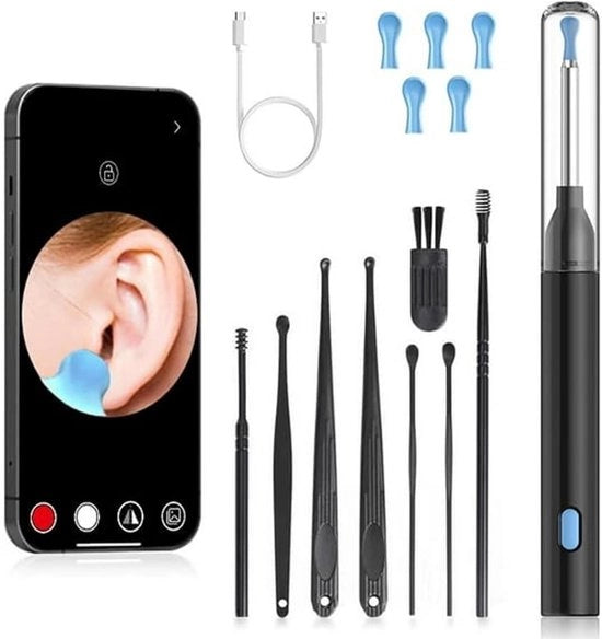 Set di Pulizia Orecchie - Set di Pulizia Orecchie con Luce - Rimuove il Secolo delle Orecchie - Pulitore Orecchie con 8 Strumenti Tradizionali - 9 Paletti per Orecchie (Nero)