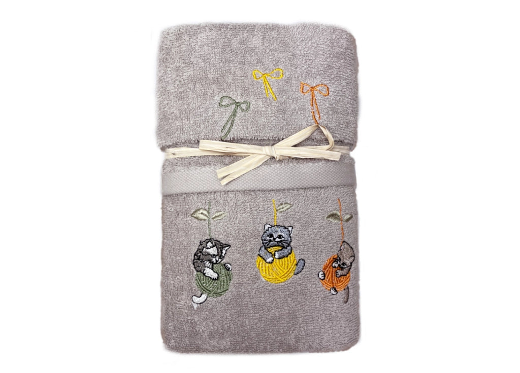 Set Asciugamano Copiola Salvietta Bagno Spugna 100% Cotone Gatto Gomitolo - Copiola - Tortora