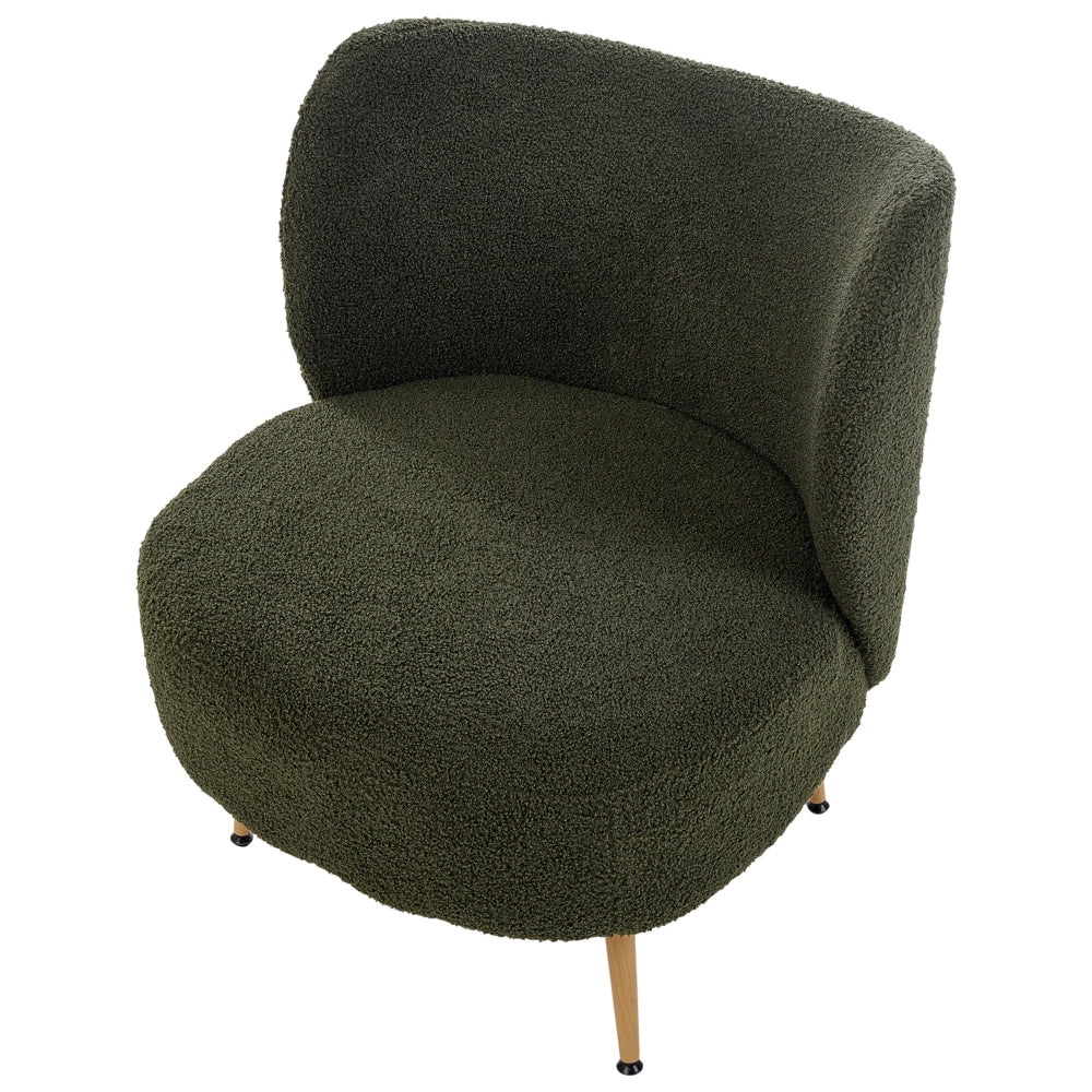 Poltrona da salotto con schienale curvo boucle verde scuro stile glam elegante soggiorno