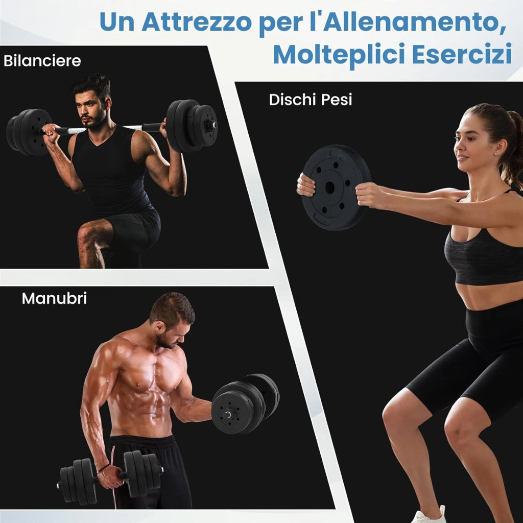 Set di 2 Manubri Regolabili 30 Kg, Bilanciere da Palestra con Barra di Collegamento e Copertura Protettiva in Gomma, Attrezzature per Allenamento a Casa