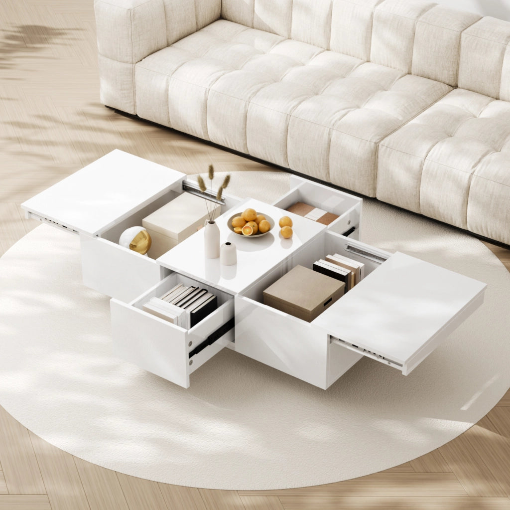 Tavolino da caffè bianco lucido 100x50x31 cm in truciolare con vani push-pull e 2 cassetti