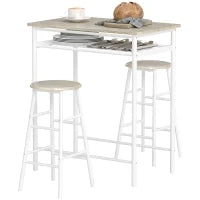 Set Bancone Bar e 2 Sgabelli Alti in Legno Stile Nordico con Mensola e Poggiapiedi, Bianco