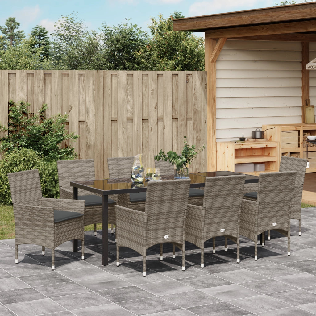 Set Pranzo Giardino  9 Pezzi con Cuscini Grigio Polirattan