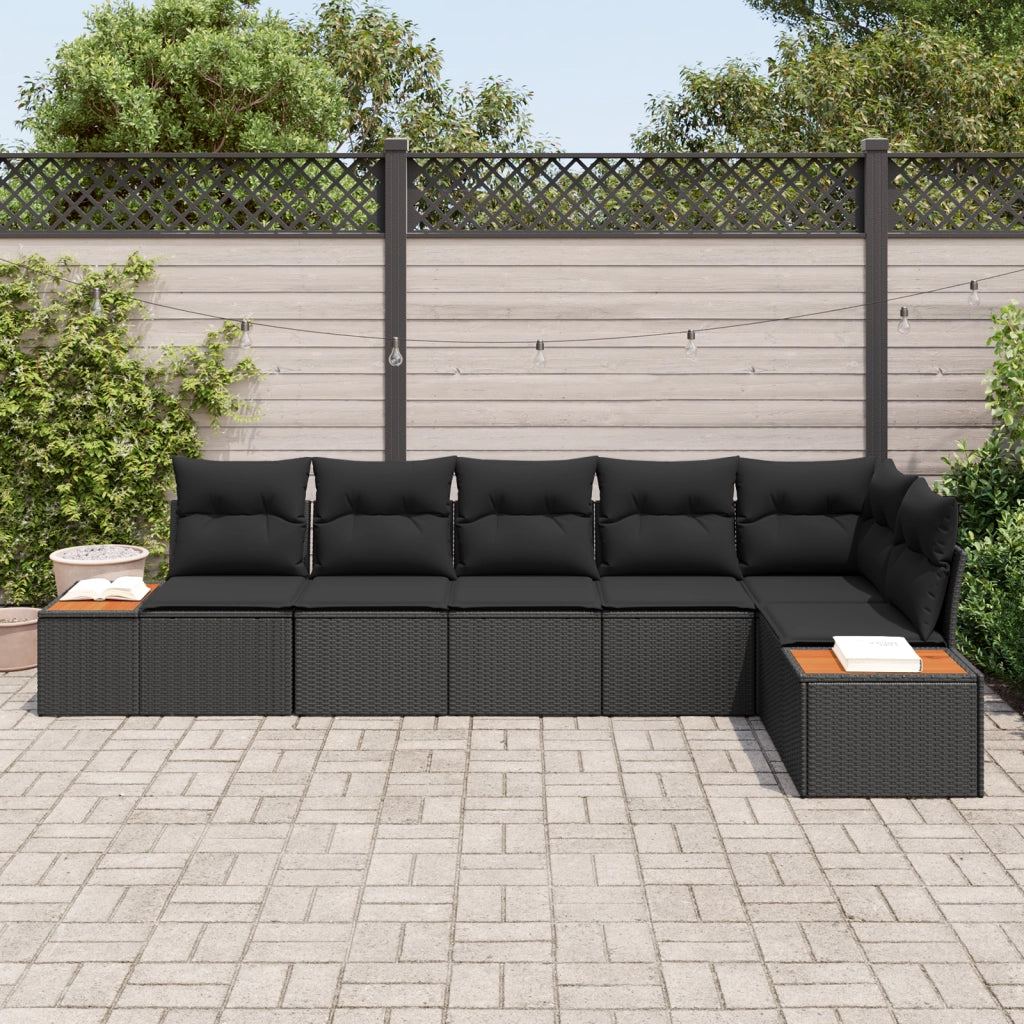 Set Divano da Giardino 6 Pezzi con Cuscini Nero Polyrattan Acacia