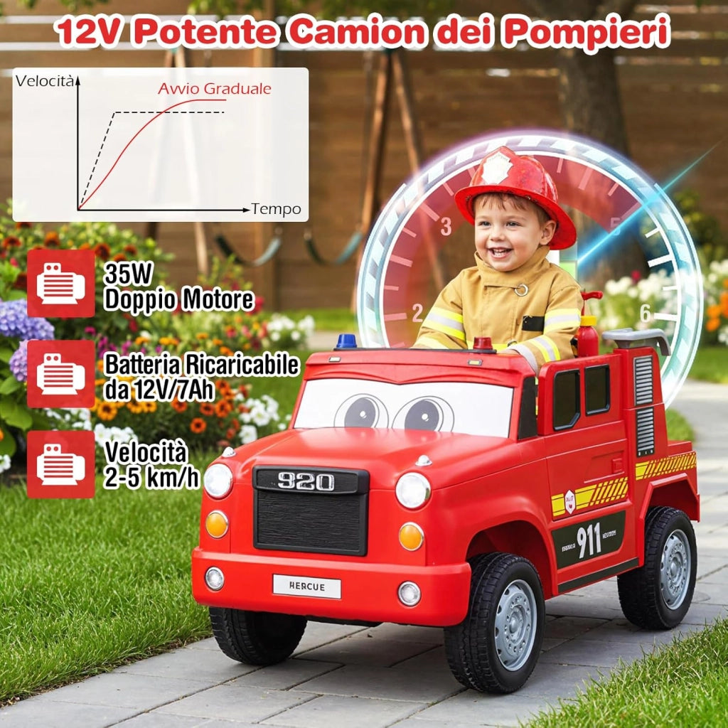 Camion dei Pompieri per Bambini, 12V Macchina Elettrica con Spruzzatore d'Acqua, Telecomando, Musica, Sirena, Luci e Avvio Morbido, Veicolo Elettrico per Bambini 3+ Anni