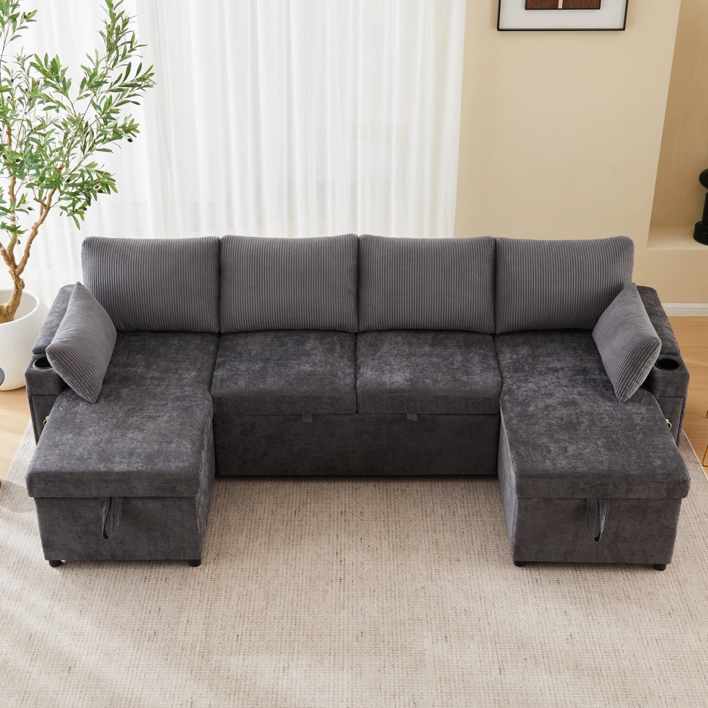 Divano a U convertibile con contenitore e portabicchieri, in ciniglia e velluto a coste grigio 272 × 131 × 84 cm