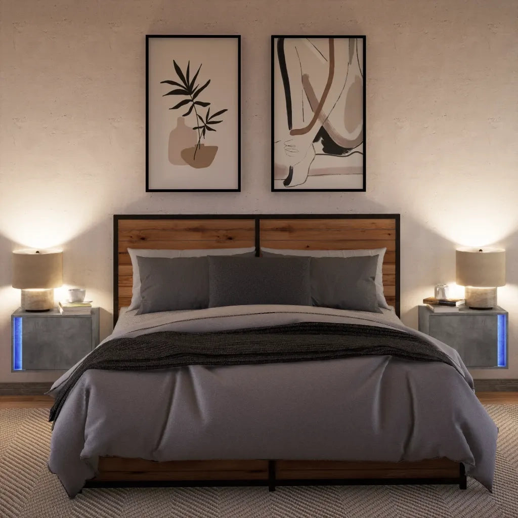 Set di 2 Comodini | Armadio da Notte | Mobiletto da notte a Parete con Luci LED Grigio Cemento