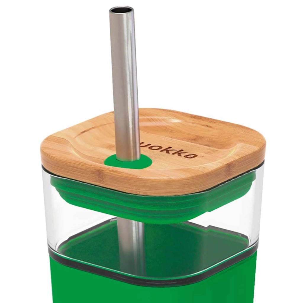 Tazza in Vetro 540 ml con Coperchio in Bambù e Cannuccia Inox Verde Quokka