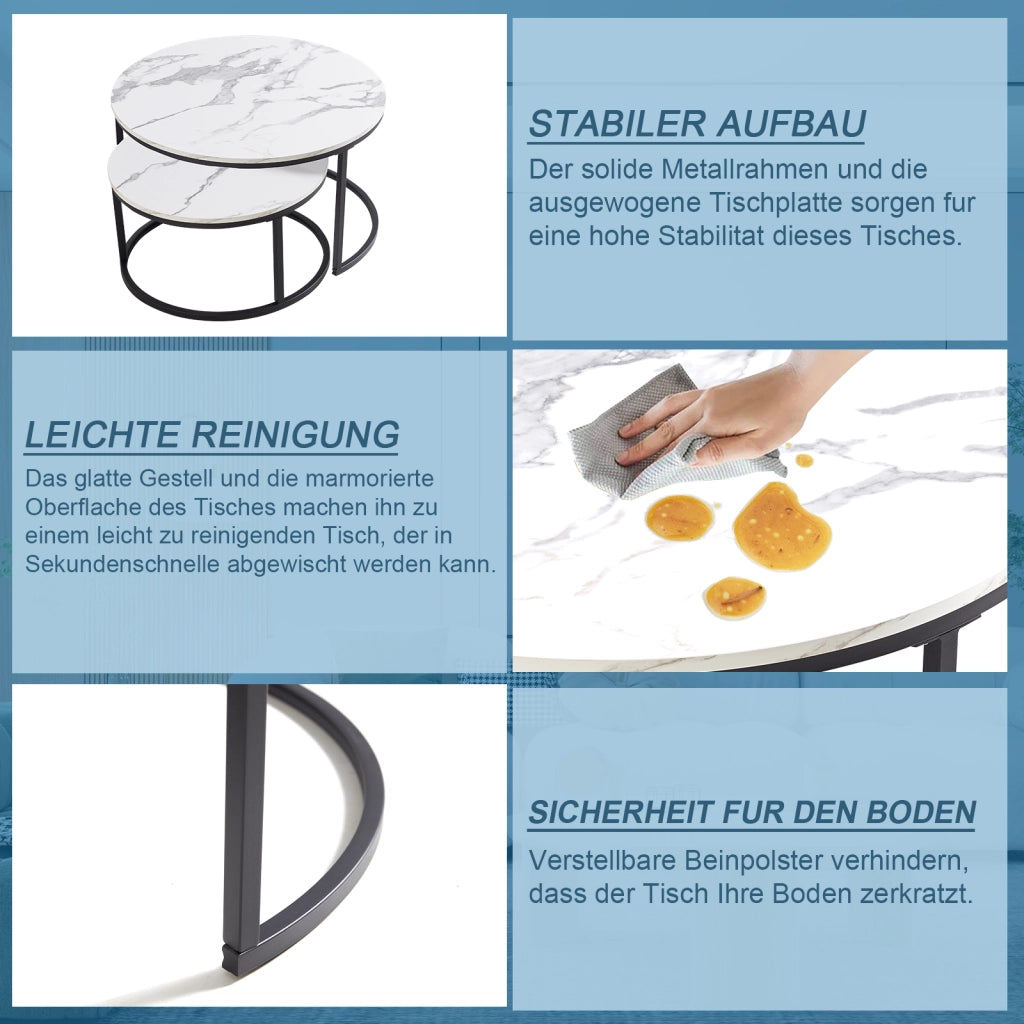TAVOLINO DA CAFFÈ Set 2 Pezzi 80x45 cm Effetto Marmo Bianco con Struttura Nera