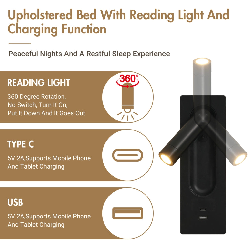 Letto contenitore ULEVR 180x200 cm con 2 comodini, luci LED, USB e Type-C, velluto beige