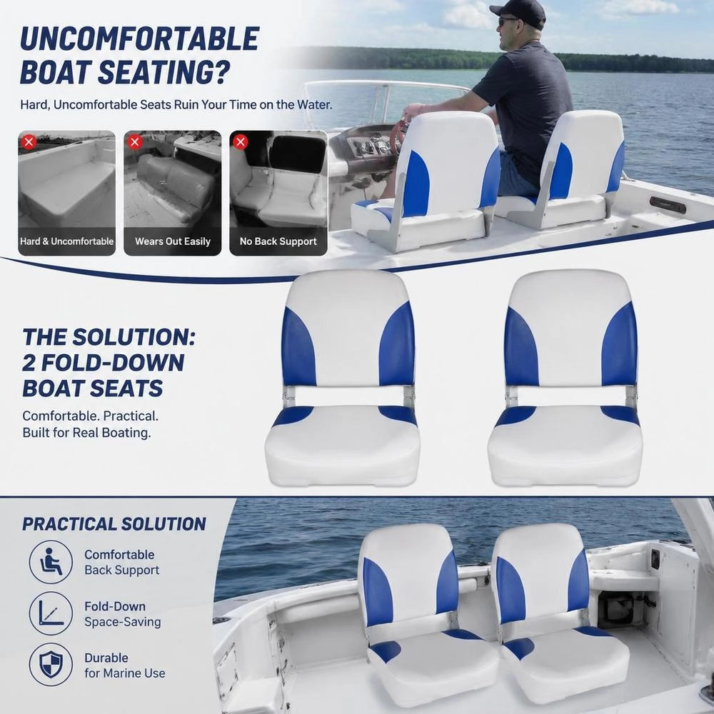 Boat Seats, 2 Pieces. Folding Backrest With Blue And White Cushion.