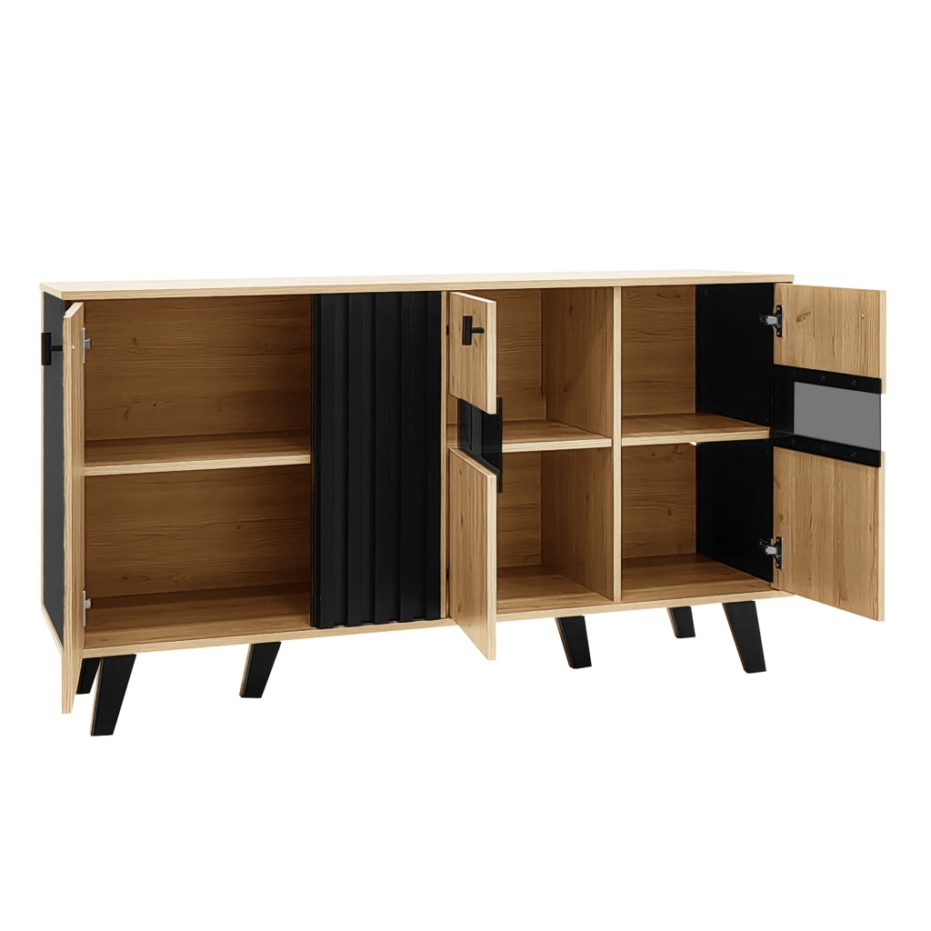 Credenza grande in legno e nero - Zephmum- 140x78,5x41 cm, LED, vetro, design coordinato