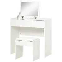 Tavolo da Trucco con Specchio Richiudibile, Tavolo da Trucco Moderno, con Sgabello, Vano Contenitore (4 Scomparti), MDF Bianco, 80x40x79 cm
