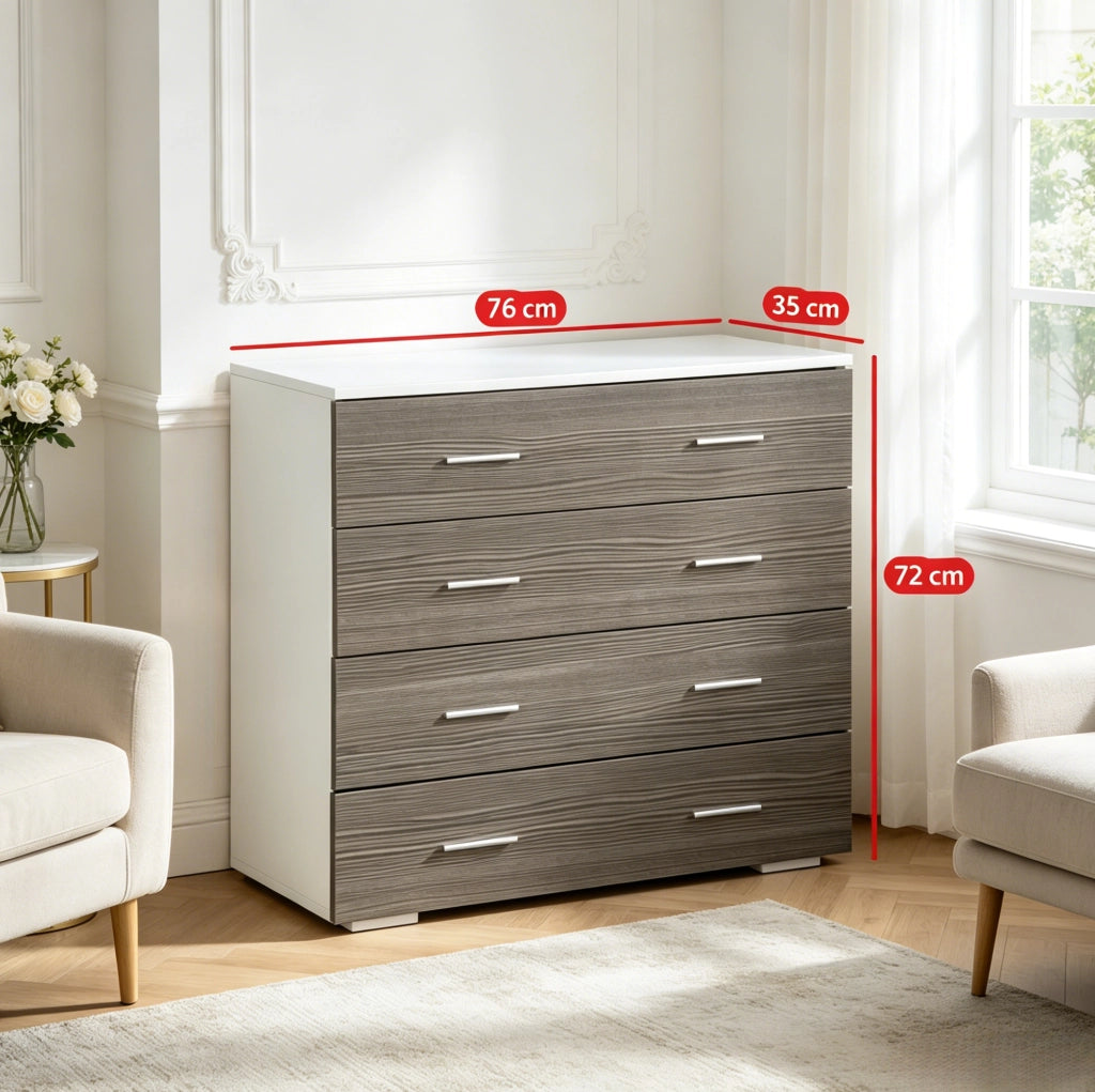 Mobile contenitore con 4 cassetti in truciolare bianco e grigio 76 x 35 x 72 cm