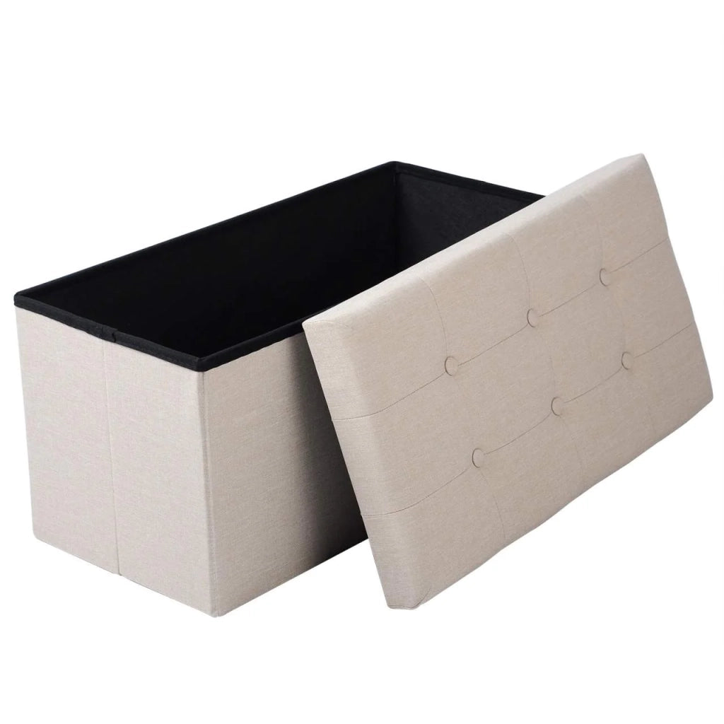 Sgabello in lino con contenitore e coperchio rimovibile bianco crema 19_0000434