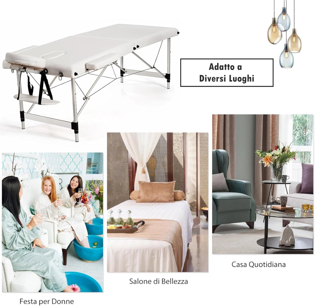 Lettino da Massaggio Pieghevole e Portatile, con Telaio in Alluminio, Regolabile in Altezza, Poggiatesta e Braccioli Removibili e Borsa, Portata 250 kg, 213 x 70 x 59-80 cm