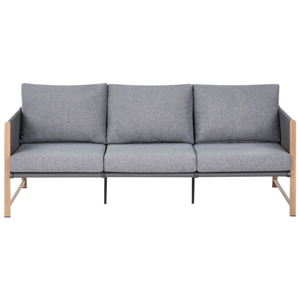Set di divani da giardino a 5 posti Struttura in metallo grigio con finitura in legno Piano in vetro Divano a 3 posti Ottomano Poltrone