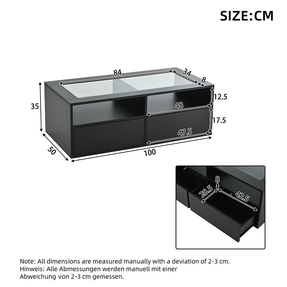 Tavolino LED - Xylo - 100x50cm vetro 2 cassetti nero