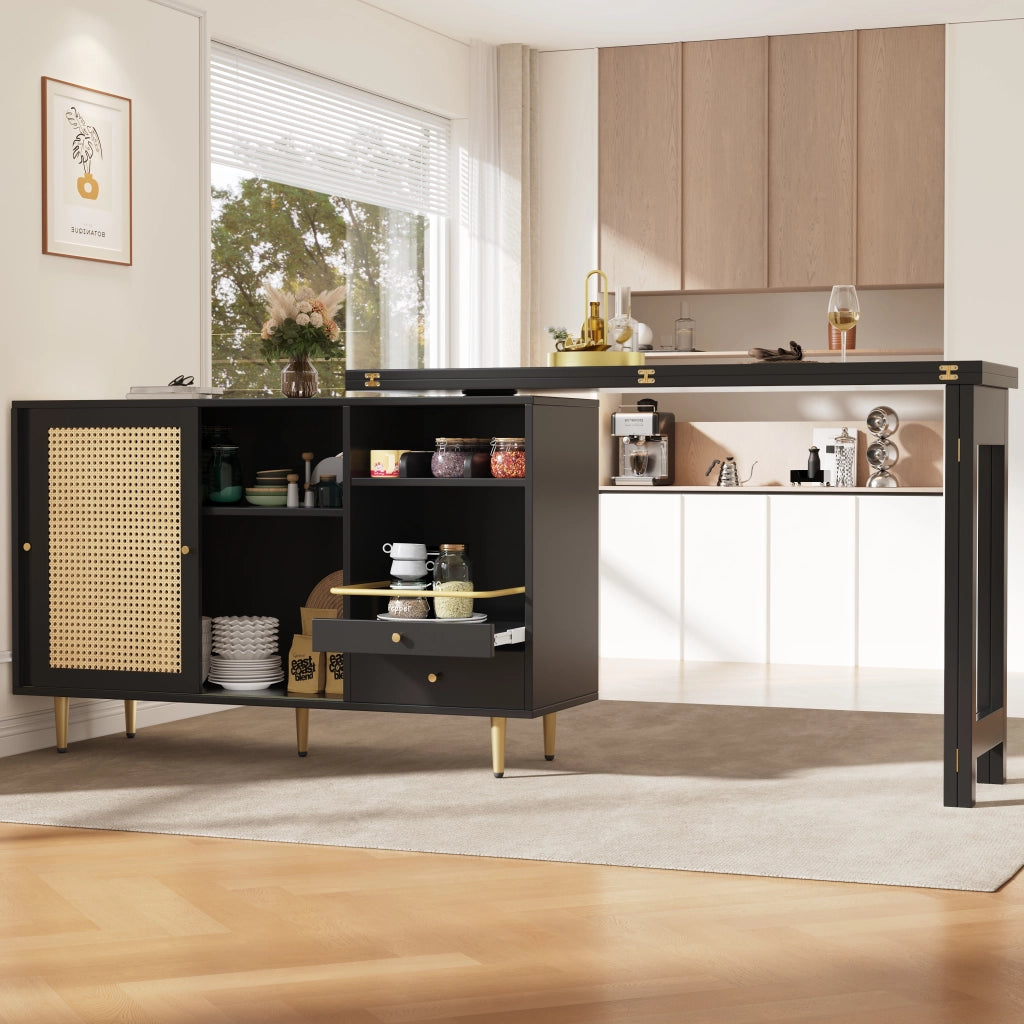 Mobile Bar con Anta in Rattan; Cassetto; Ripiani Aperti; Piano Girevole a 360° ed Estensibile per Cucina