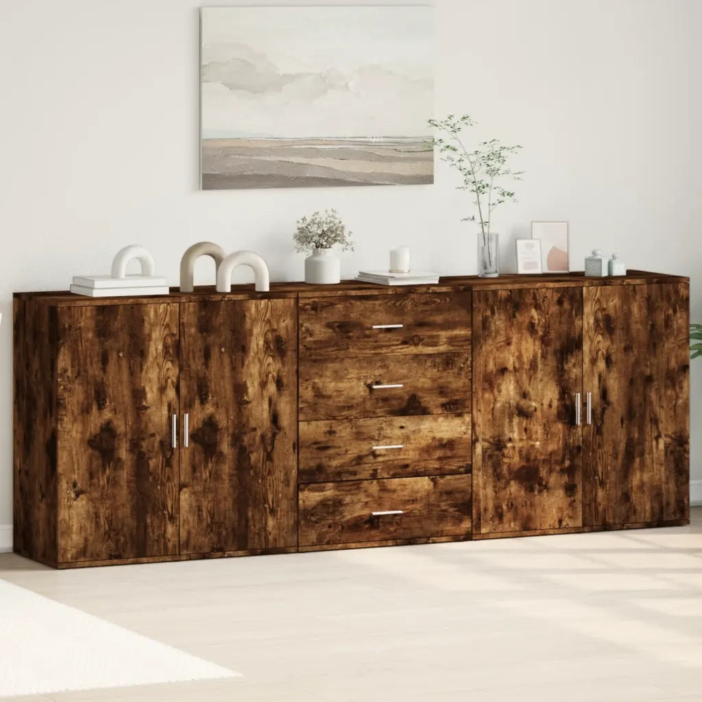 Credenze 3 pz | Madia | Buffet da pranzo | Armadio da pranzo Rovere Fumo in Legno Multistrato