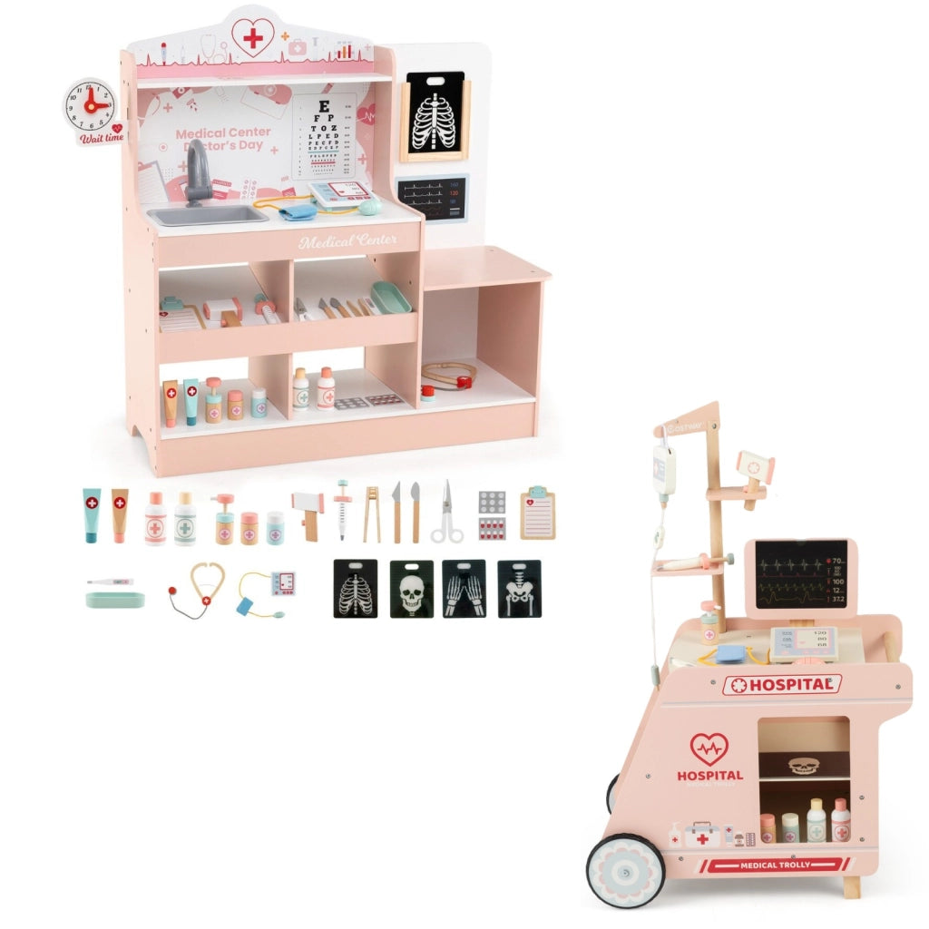 Ospedale finto centro medico per bambini e set da gioco medico in legno per bambini, Set da gioco dottore in legno e stazione medica mobile Rosa