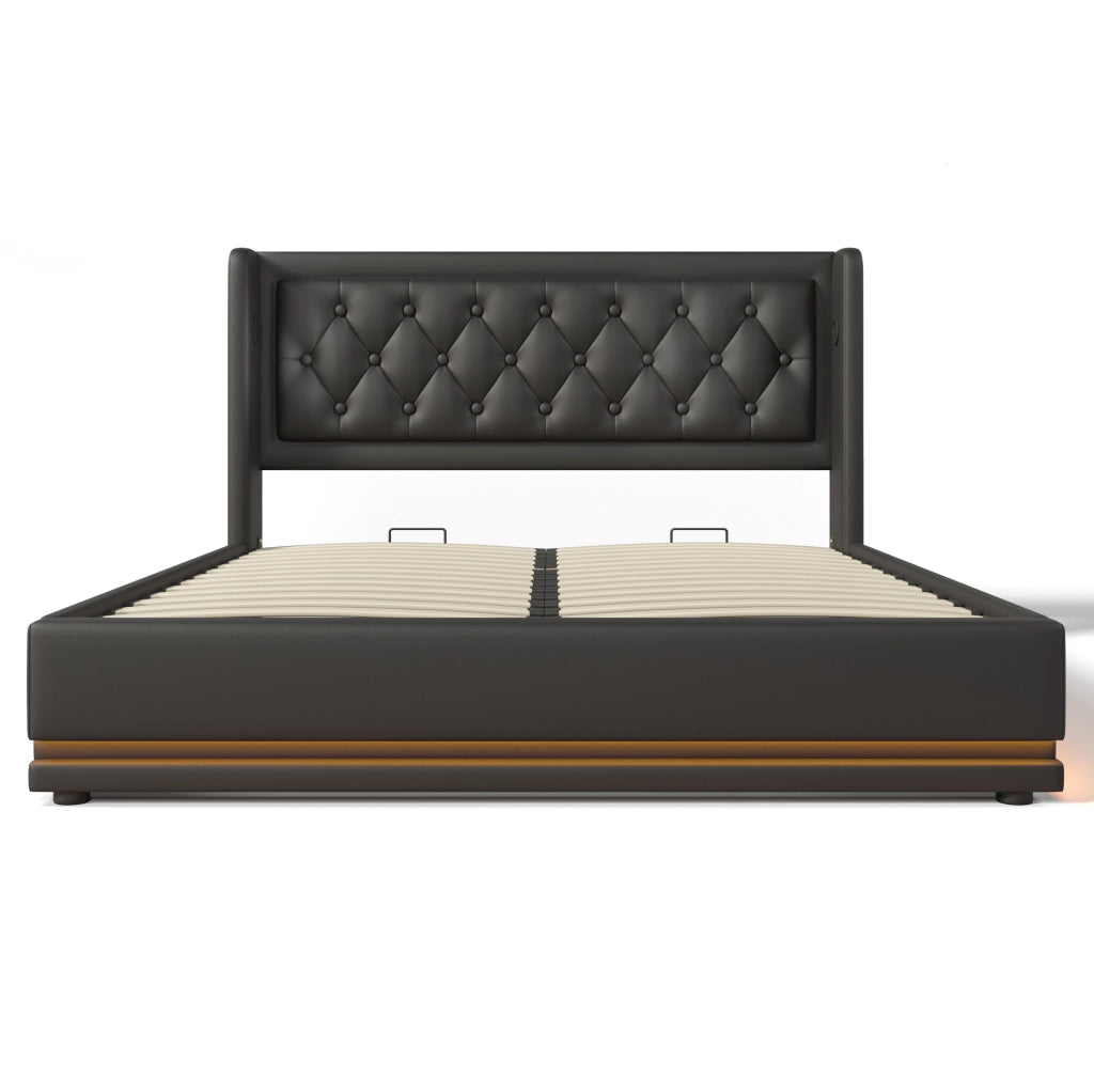 Letto 160x200 cm con contenitore idraulico, LED, USB e USB-C in PU nero