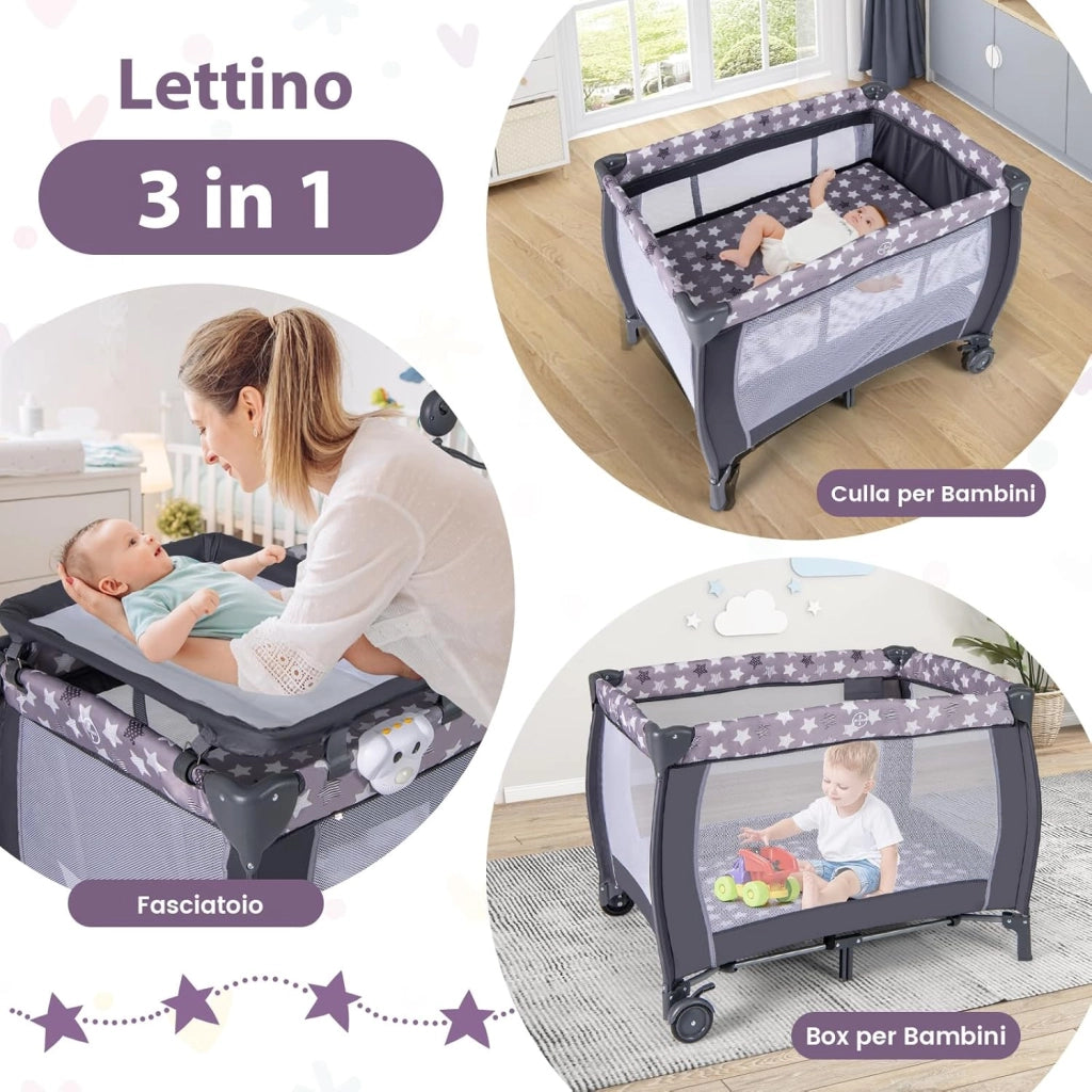 3 In 1 Lettino da Campeggio per Bambini, Lettino con Materasso Portatile per Neonati, Culla Pieghevole per Neonati con Fasciatoio, Carillon e Ruote con Freno, per Bambini 0-36 Mesi (Grigio)