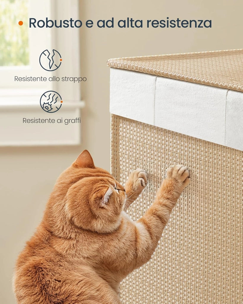 Cesto Portabiancheria a 2 Scomparti, Carrello Biancheria Sporca 100 L con Ruote Coperchio, Sacco con Manici, Effetto Rattan, Lavanderia Bagno, Beige Naturale e Bianco Opaco LCB601N01