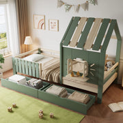 Letto per bambini a casetta con 2 cassetti e recinto 90x200 cm verde e naturale