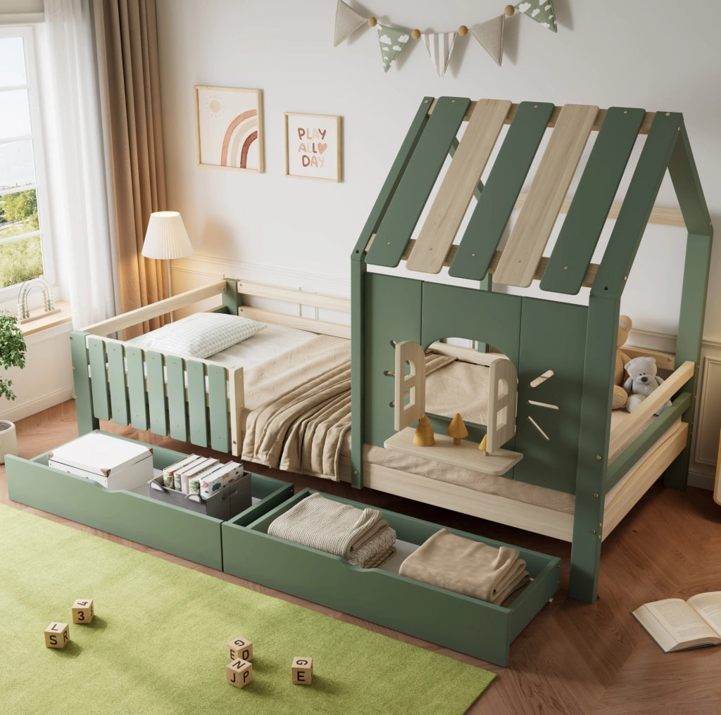 Letto per bambini a casetta con 2 cassetti e recinto 90x200 cm verde e naturale