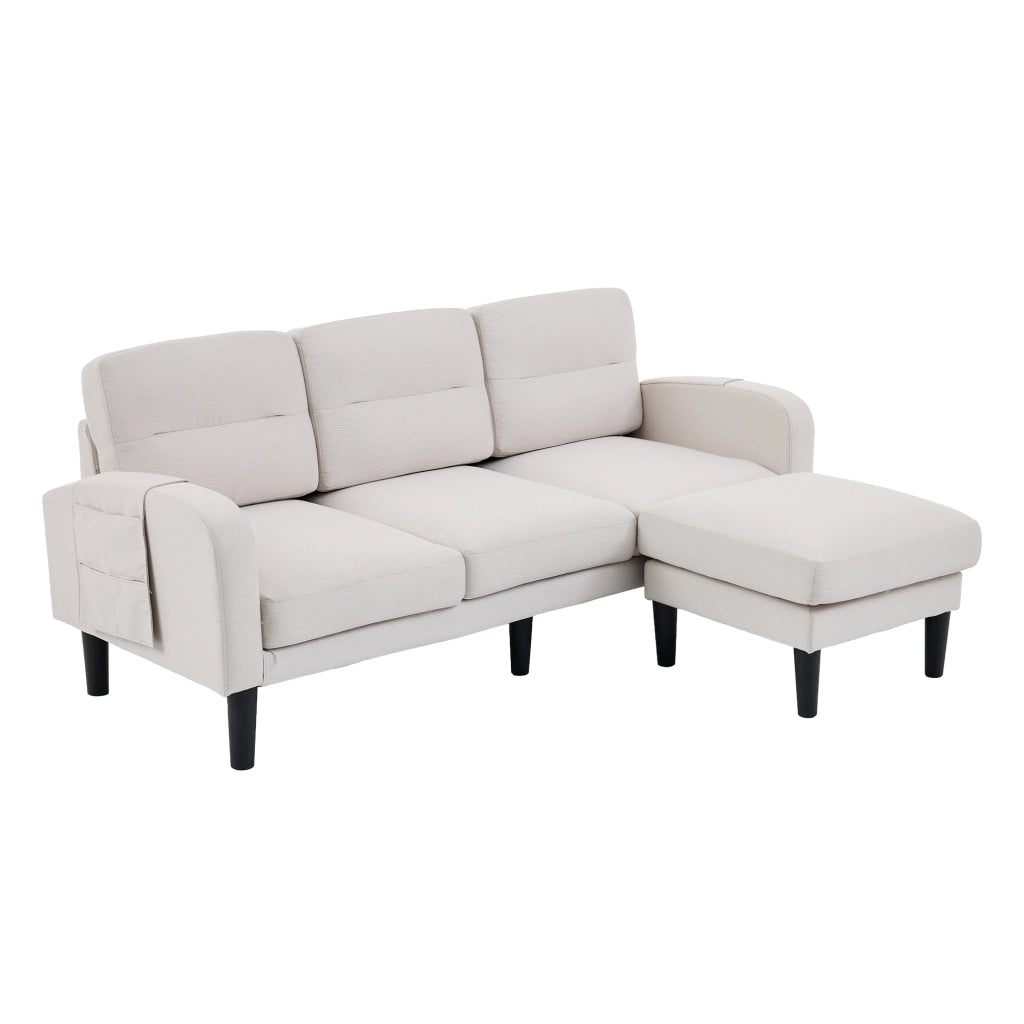 Divano angolare a L 3 posti con chaise longue e tasche laterali, beige, 204x136x80 cm