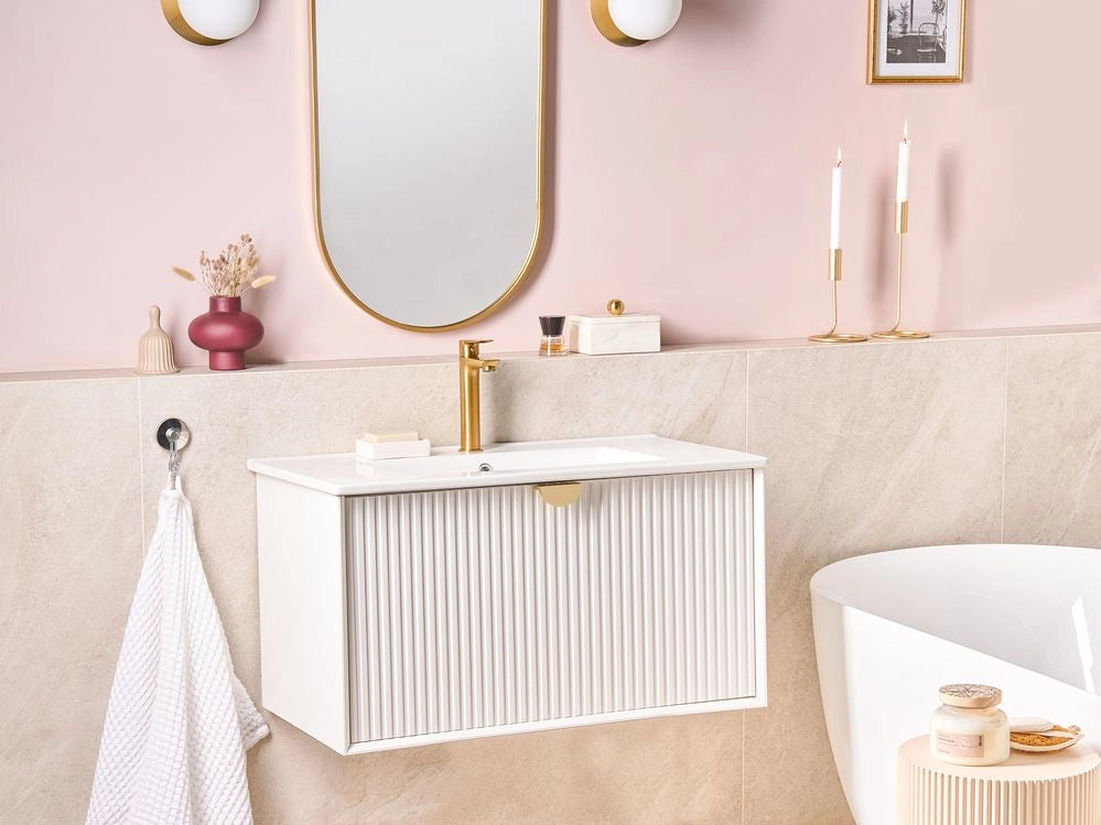 Mobiletto da parete con lavabo in legno massiccio per bagno 80 cm bianco stile moderno