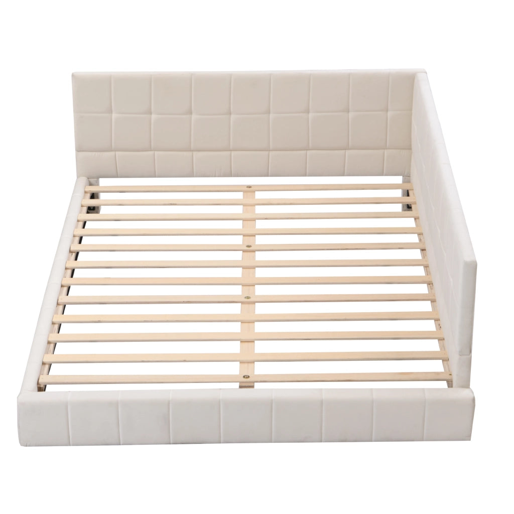 OKWISH Letto a Divano 140×200 cm, Letto Matrimoniale con Schienale Reversibile e Bracciolo, senza Materasso, in Tessuto Imbottito, Beige