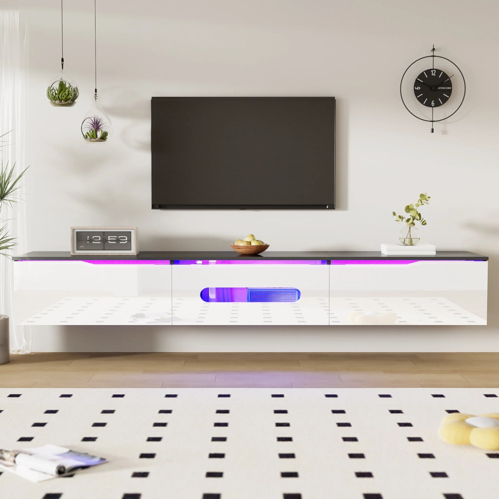 OKWISH Mobile TV con 3 Ante e LED, Sospeso o da Pavimento, Finitura Lucida e Opaca, per Soggiorno, 180 x 35 x 30 cm