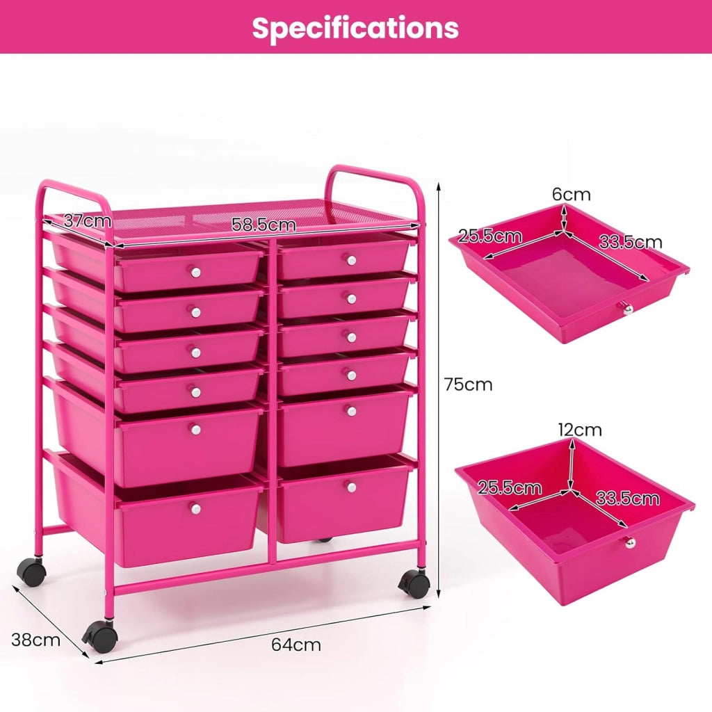 Carrello con 12 cassetti, impilabile, carrello per cassetti, carrello da cucina, con ruote bloccabili, carrello per cucina, bagno, ufficio, 64 x 38 x 75 cm (rosa)