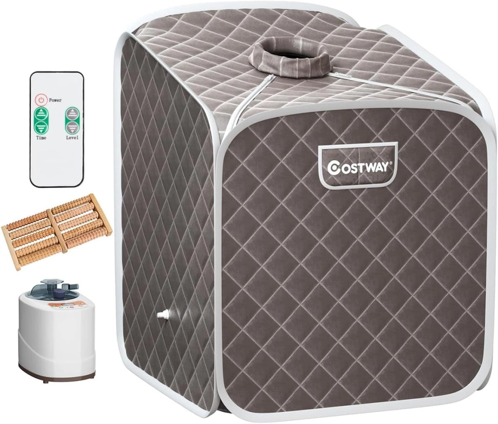 Sauna a Vapore Portatile con Telecomando, Cabina Sauna a Vapore Pieghevole con Sedia e 9 Livelli di Temperatura, Telaio in metallo (Grigio)
