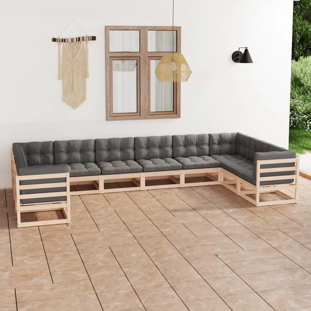 Set Salotto Giardino 10pz Cuscini Antracite Legno Massello Pino 3077319