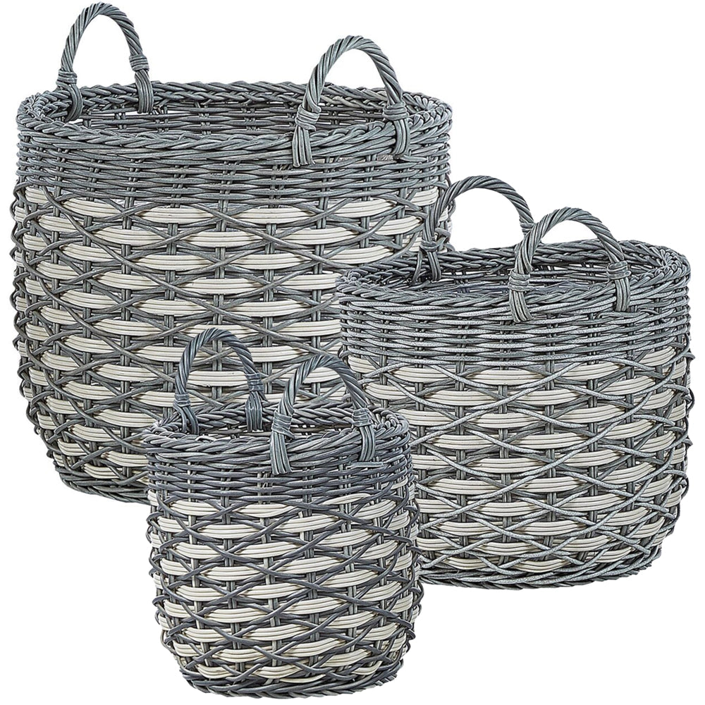 Set di 3 cesti per piante da esterno fioriere rivestite in rattan sintetico grigio e bianco