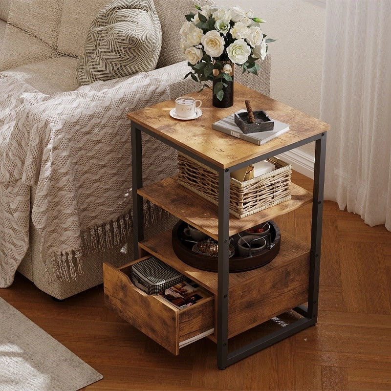 Comodino, tavolino da camera, cassettiera, stile loft marrone scuro, 2 ripiani, 80 cm