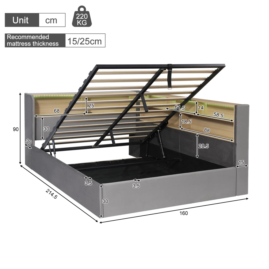 Letto contenitore 140x190 cm con sollevamento idraulico; LED; prese USB e rivestimento in velluto grigio