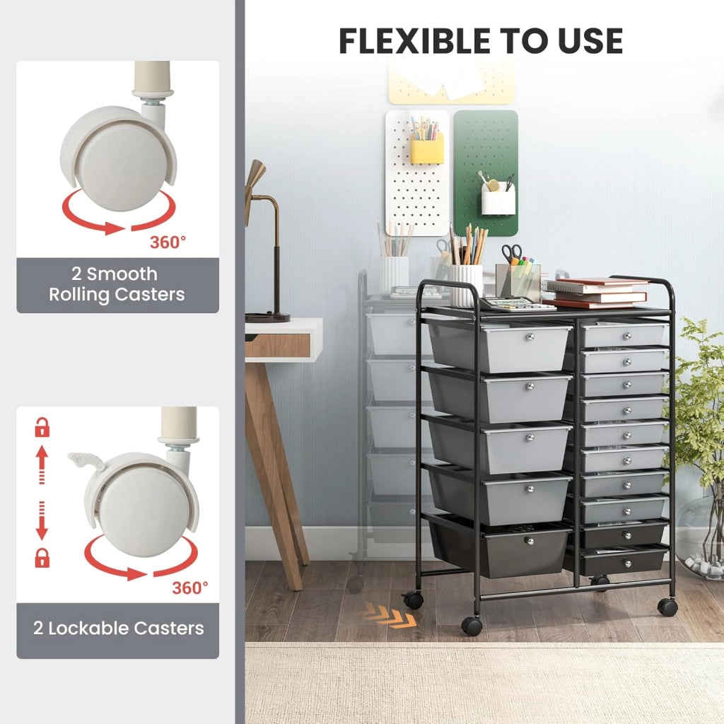 Carrelli Porta Oggetti, con 10+5 Cassetti Impilabili, 2 Ruote Bloccabili, Braccioli Metallici, Portabile e Pratico, per Ufficio, Studio, Cucina,Bagno, 5 Colori Disponibili, 62,5x37x87 cm