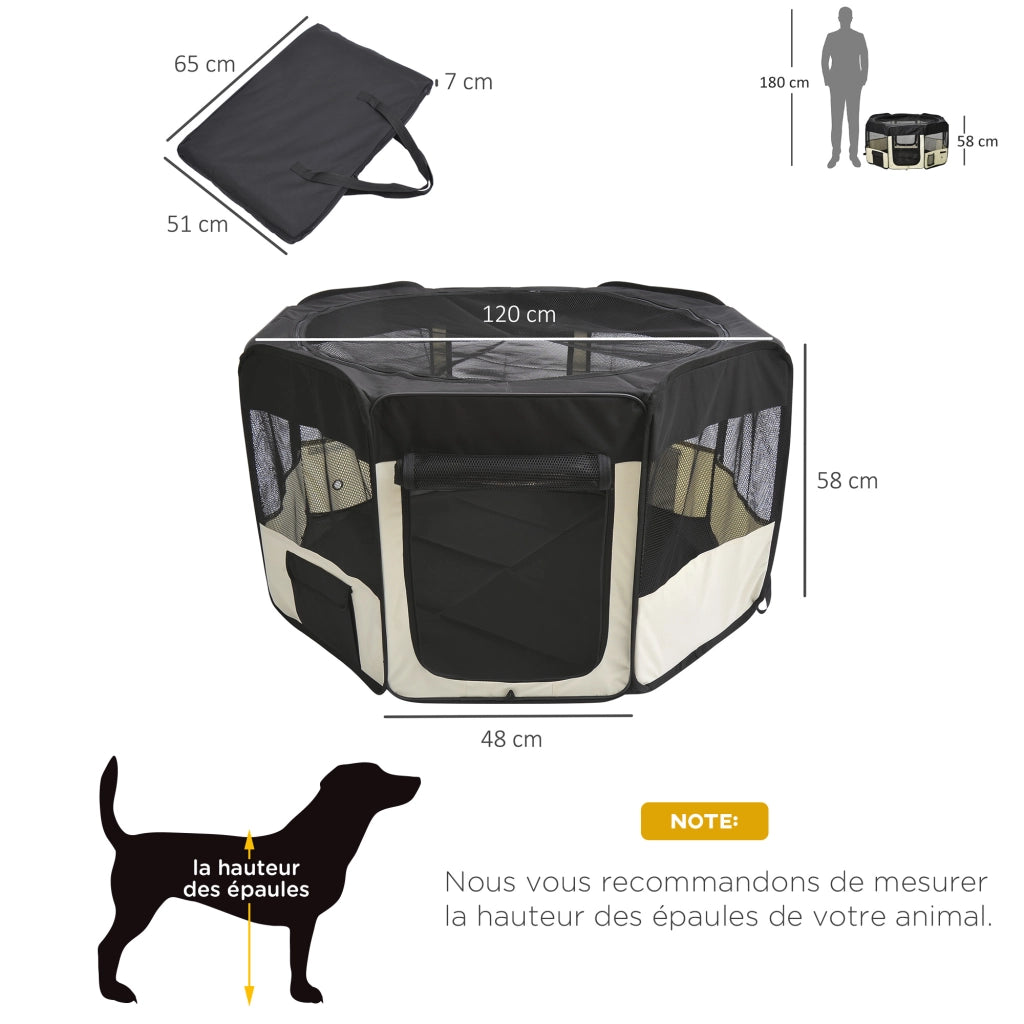 Recinto pieghevole per cani gatti animali domestici - Xylo - ottagonale tessuto Oxford acciaio ? 120 x 58H cm nero crema