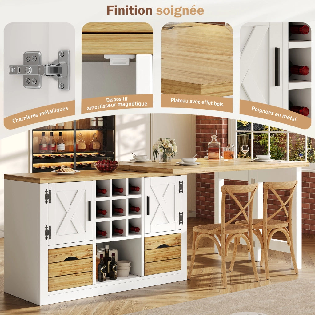 Tavolo da pranzo allungabile con credenza; piano girevole a 360°; cassetto e portabottiglie; per cucina e soggiorno; bianco; 120 × 40 × 72 cm