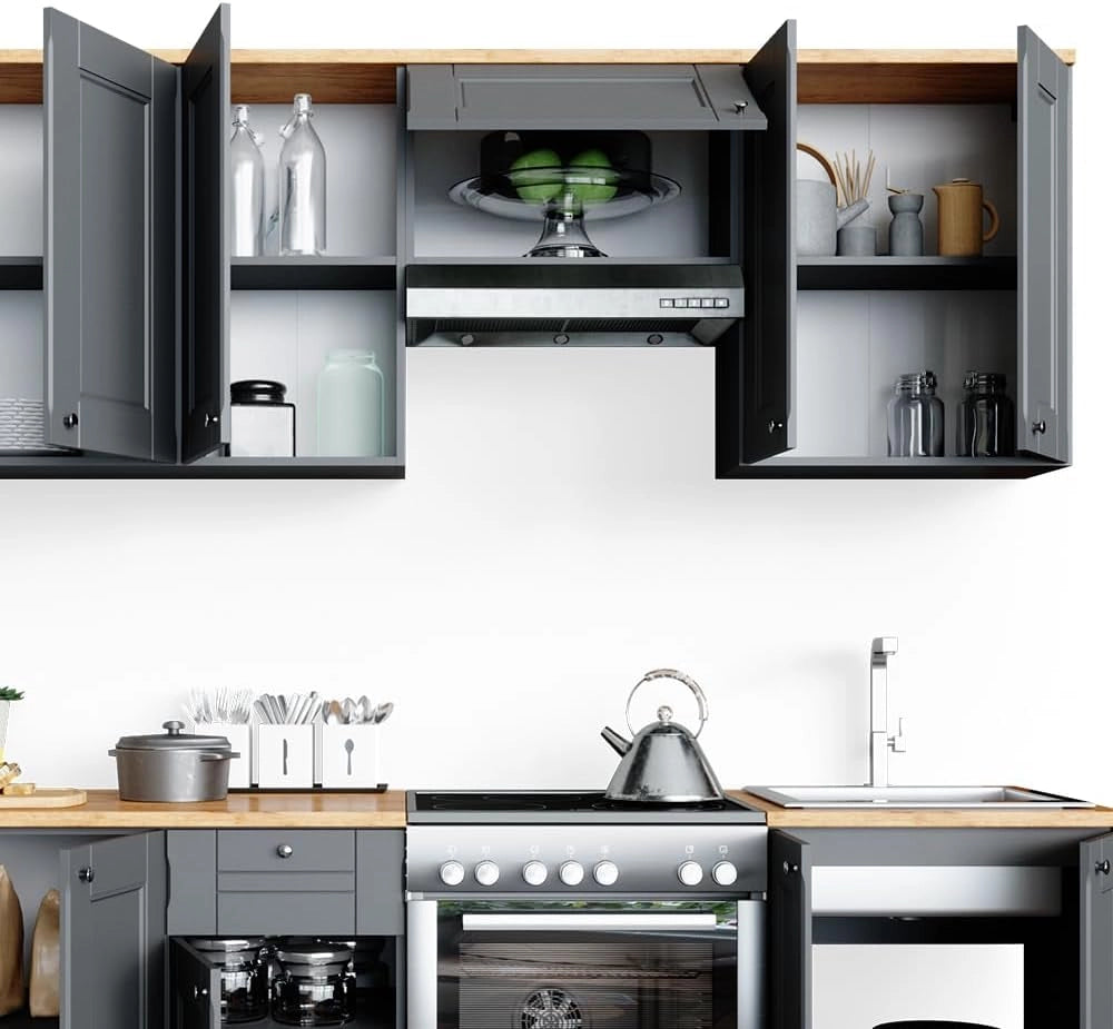Mobile da cucina Bergamo, Grigio nobile, 240 cm, PL Goldkraft, con moduli posizionabili variabilmente per una personalizzazione individuale