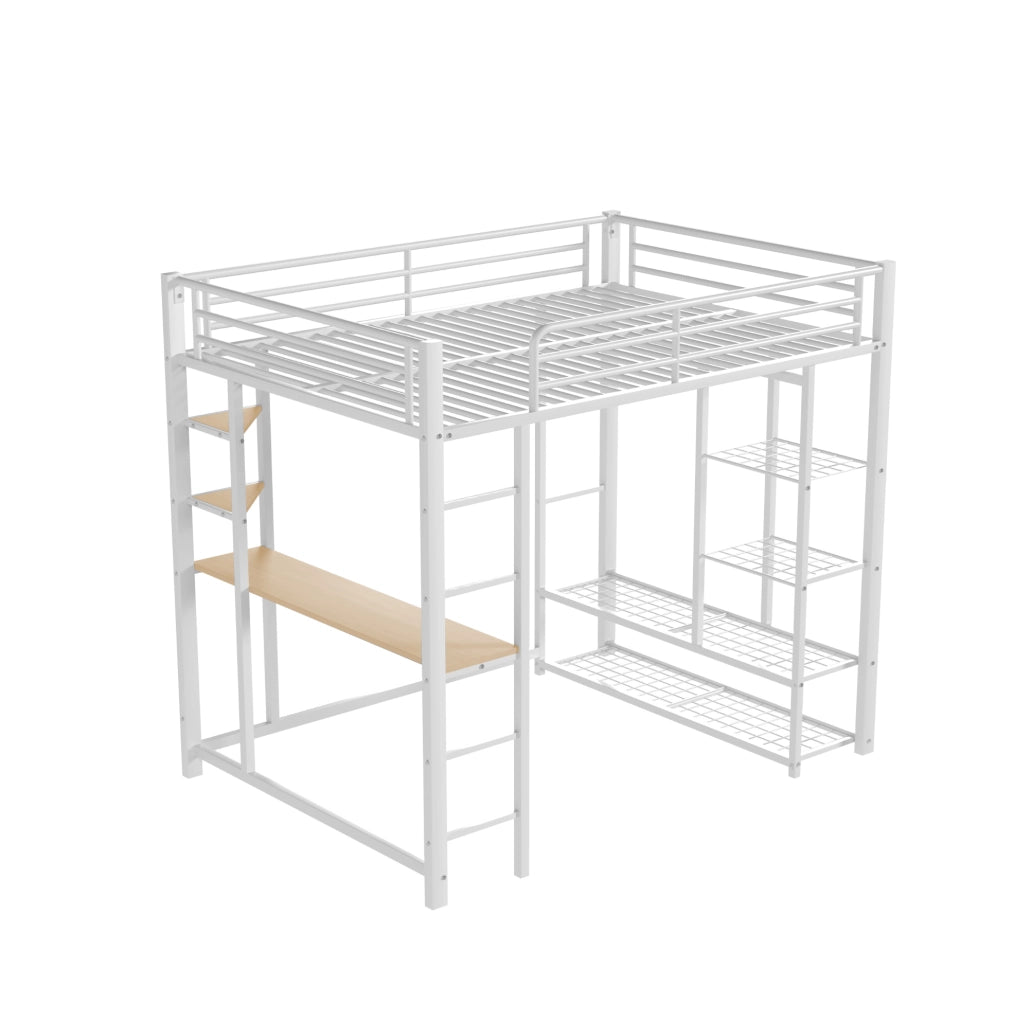 Letto a soppalco in metallo bianco 140x200 cm con scrivania; armadio e ripiani